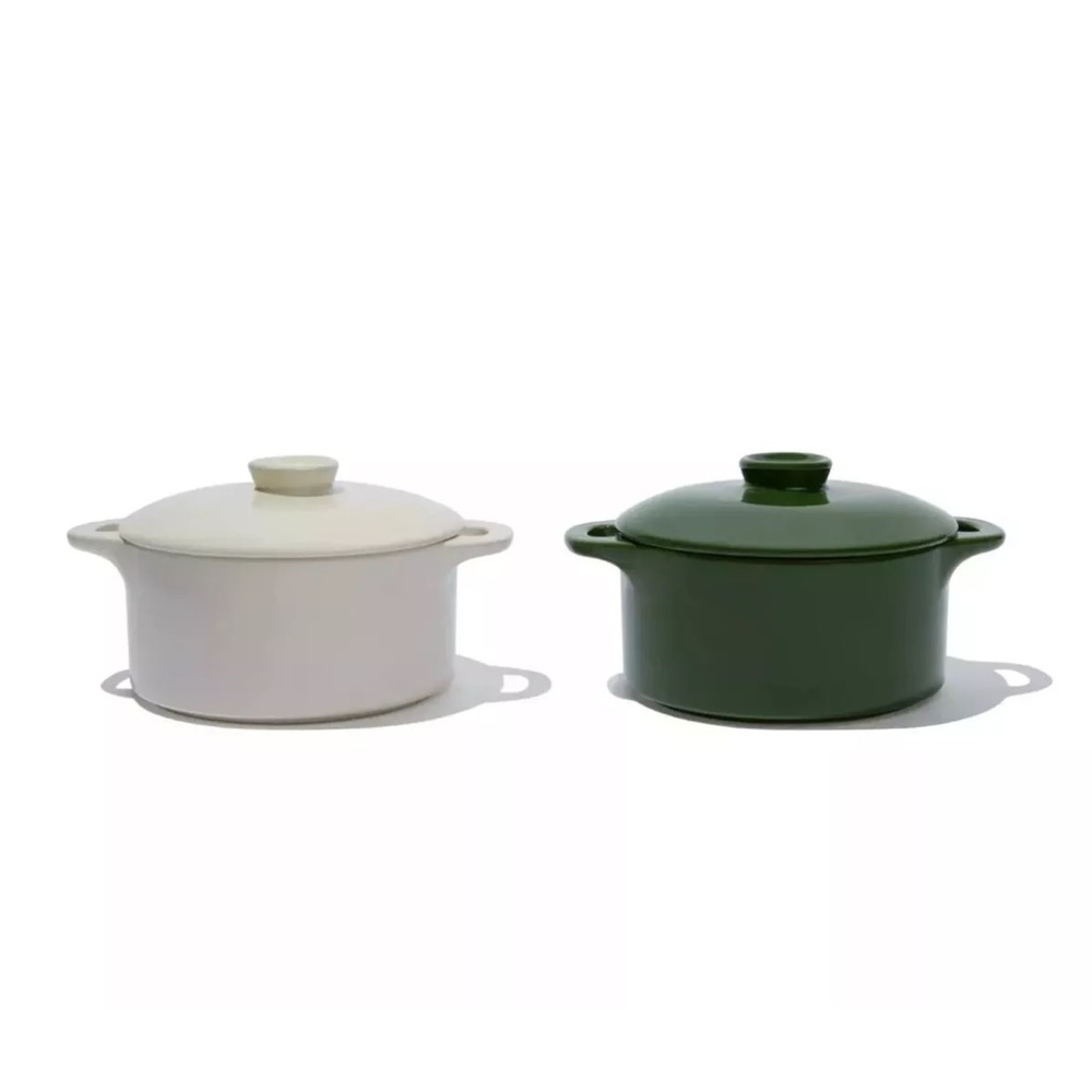 New Mini Round Ceramic Cocotte Set by Brocc Your Body Green & White with lids
